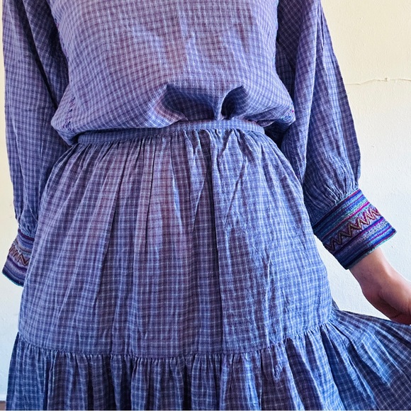 80s VTG Cotton Purple Plaid Mexican Indian Embroidered Skirt Folk Art Skirt Set - Picture 12 of 16